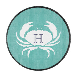 Monogram  Teal White Navy Blue Crab Nautical Cutti Cutting Board