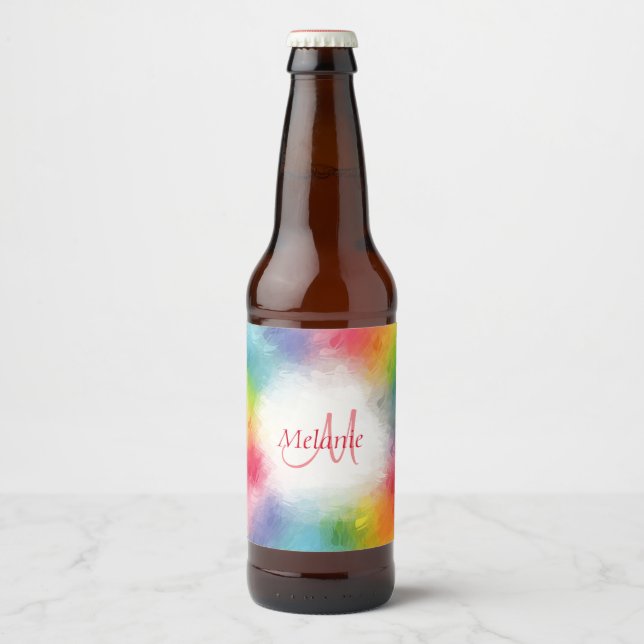 Monogram Template Custom Colourful Modern Rainbow Beer Bottle Label (Front)