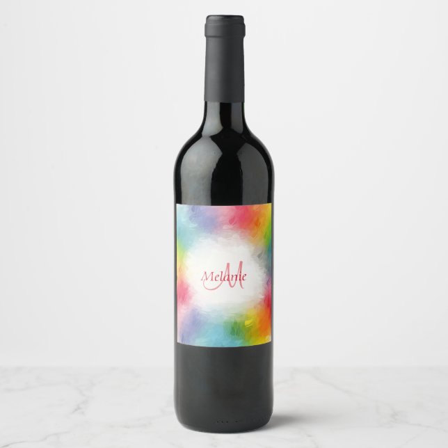 Monogram Template Custom Colourful Modern Rainbow Wine Label (Front)