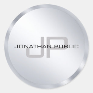 Monogram Template Modern Elegant Metallic Silver Classic Round Sticker