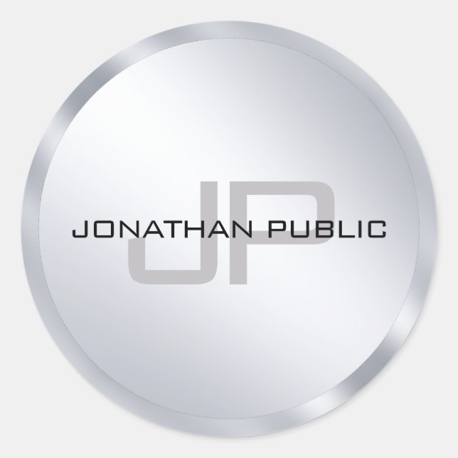 Monogram Template Modern Elegant Metallic Silver Classic Round Sticker (Front)