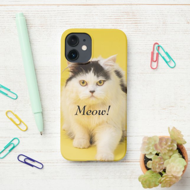 Monogram template photo Cute cat Yellow bright iPhone Case (On Desk)