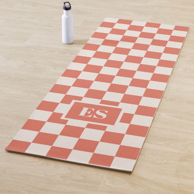 Monogram Terracotta Cream Checkered Pattern Yoga Mat (In Situ)