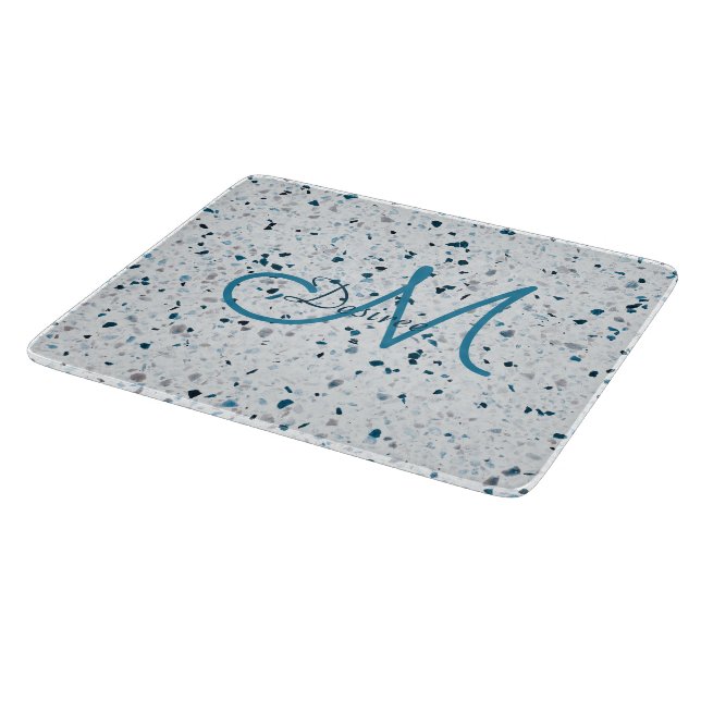 Monogram Terrazzo Teal Blue Green White Grey Retro Cutting Board (Corner)
