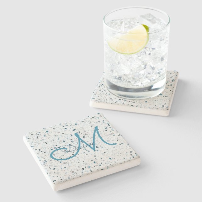 Monogram Terrazzo Teal Blue Green White Grey Retro Stone Coaster (Side)