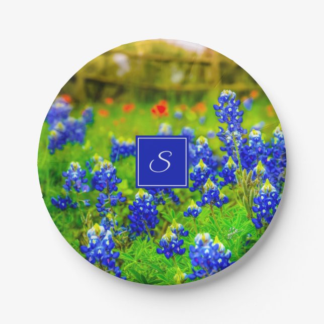 Monogram Texas Bluebonnets & Indian Paintbrush Paper Plate (Front)