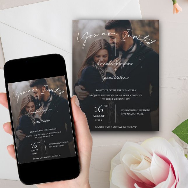 Monogram Text Overlay Typography Photo Wedding Invitation (Creator Uploaded)