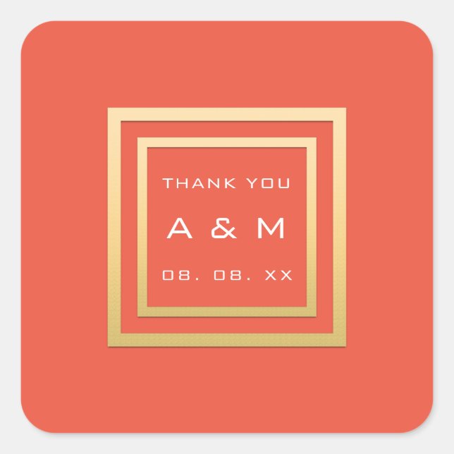 Monogram Thank Gold Frame Minimalism Date Wedding Square Sticker (Front)