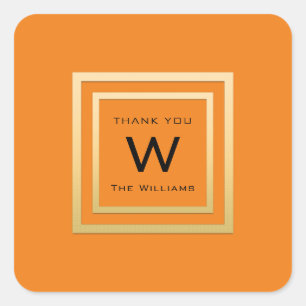 Monogram Thank Gold Frame Orange VIP Wedding Square Sticker