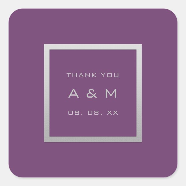 Monogram Thank Grey Frame Silver Wedding Purple Square Sticker (Front)