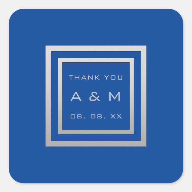 Monogram Thank Grey Frame Silver Wedding Royal Blu Square Sticker (Front)