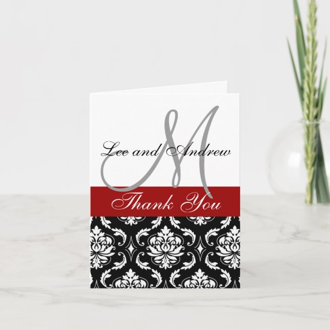 Monogram Thank You Card Damask Hot Red (Front)