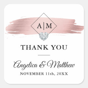 Monogram THANK YOU Rose Gold Heart Wedding Square Sticker