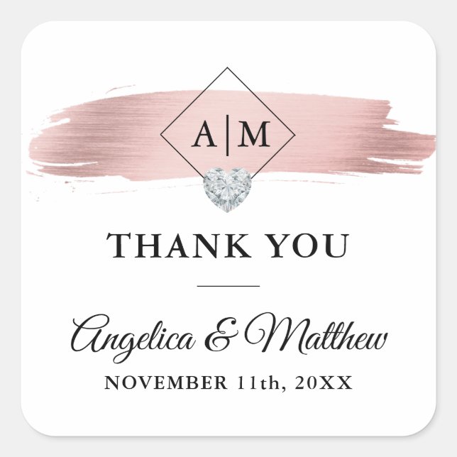 Monogram THANK YOU Rose Gold Heart Wedding Square Sticker (Front)