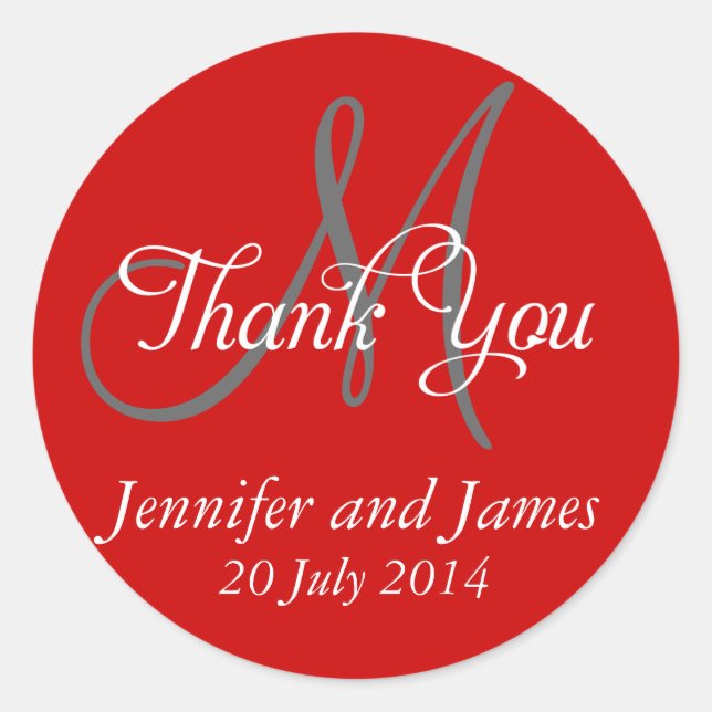 Monogram Thank You Wedding Favour Stickers Red (Front)