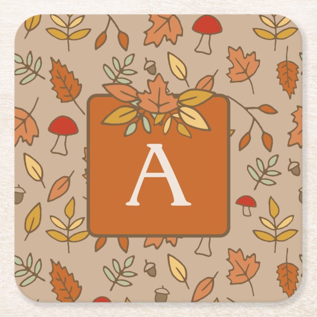 Monogram Thanksgiving Fall Leaves Square Paper Coaster (Front)