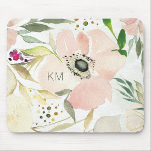 Monogram The Joy of White Watercolor Floral Mouse Pad
