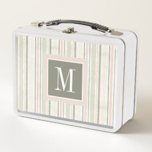 Monogram The Joy of White Watercolor Stripes Metal Lunch Box