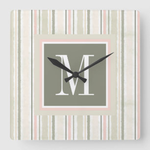 Monogram   The Joy of White   Watercolor Stripes Square Wall Clock