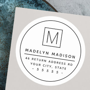 Monogram thin border minimal white return address classic round sticker
