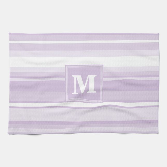 Monogram thistle purple stripes kitchen towel (Horizontal)
