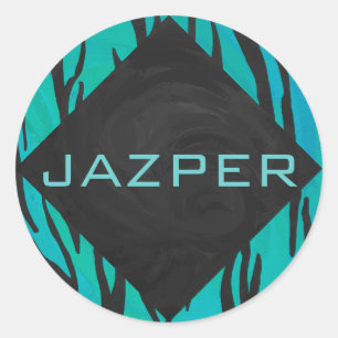 Monogram Tiger Black and Teal Print Pattern Classic Round Sticker