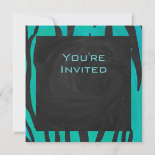 Monogram Tiger Black and Teal Print Pattern Invitation