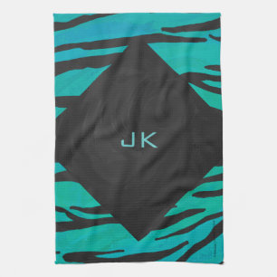 Monogram Tiger Black and Teal Print Pattern Kitchen Towel