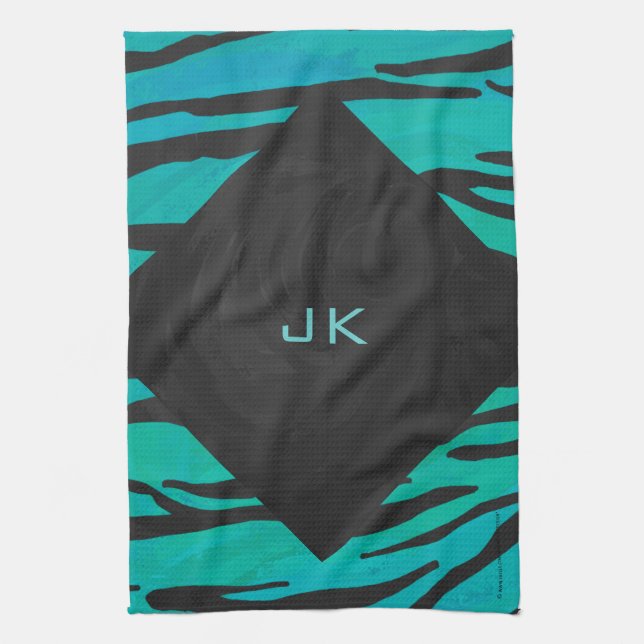 Monogram Tiger Black and Teal Print Pattern Kitchen Towel (Vertical)