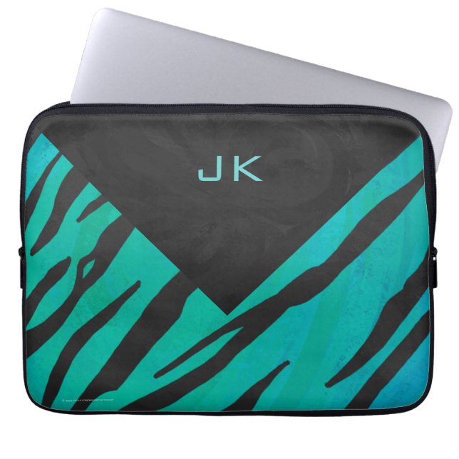 Monogram Tiger Black and Teal Print Pattern Laptop Sleeve (Front)