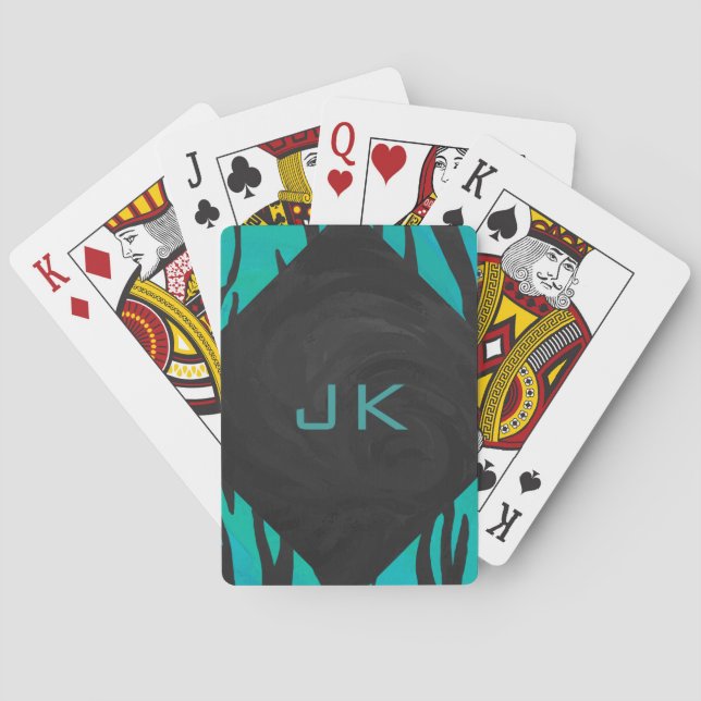 Monogram Tiger Black and Teal Print Pattern Playing Cards (Back)
