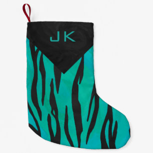 Monogram Tiger Black and Teal Print Pattern Small Christmas Stocking