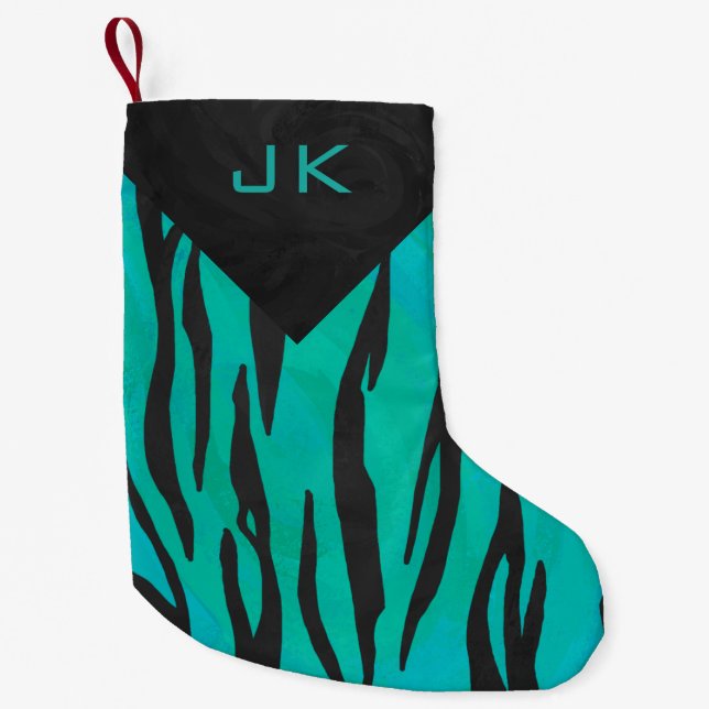 Monogram Tiger Black and Teal Print Pattern Small Christmas Stocking (Front)