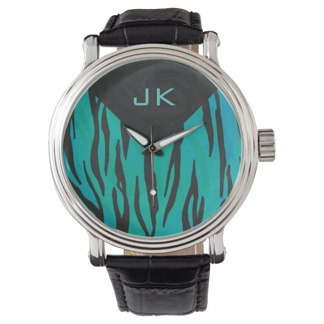 Monogram Tiger Black and Teal Print Pattern Watch (Front)