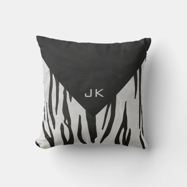 Monogram Tiger Black and White Print Throw Pillow (Front)