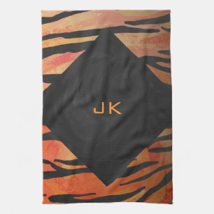 Monogram Tiger Hot Orange and Black Print Pattern Kitchen Towel