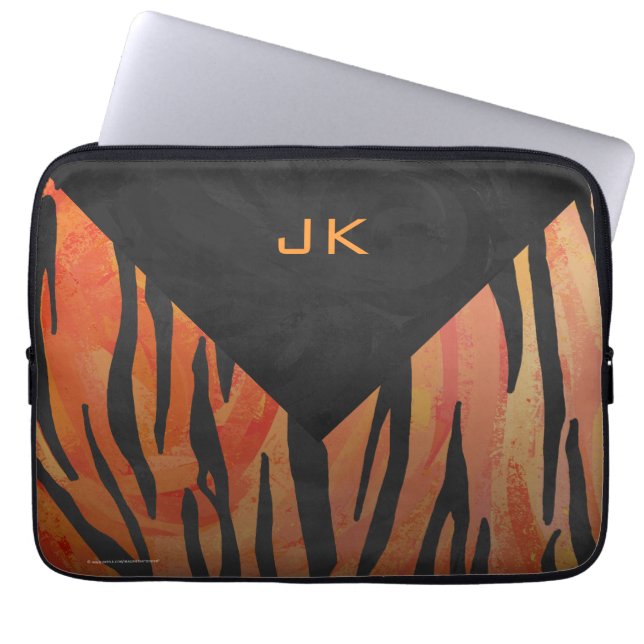 Monogram Tiger Hot Orange and Black Print Pattern Laptop Sleeve (Front)