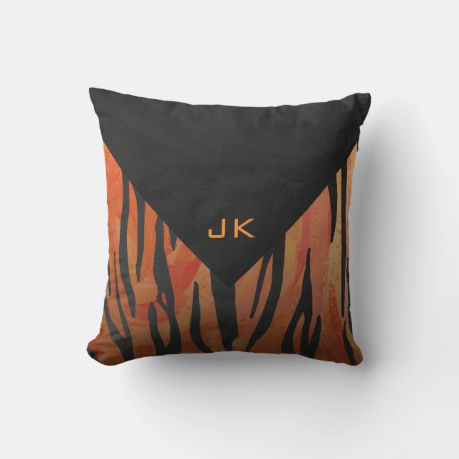 Monogram Tiger Hot Orange and Black Print Pattern Throw Pillow (Front)
