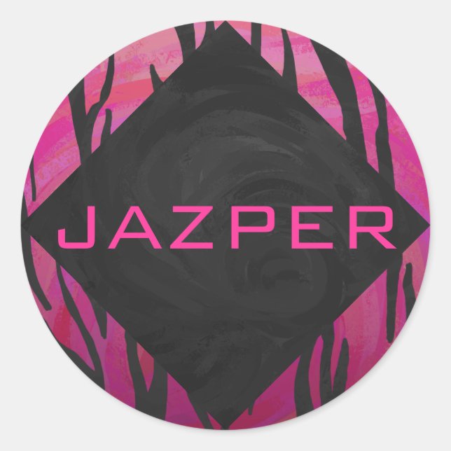 Monogram Tiger Hot Pink and Black Print Pattern Classic Round Sticker (Front)