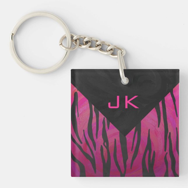 Monogram Tiger Hot Pink and Black Print Pattern Keychain (Front)