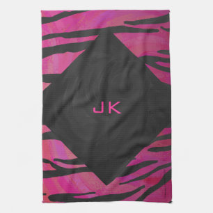 Monogram Tiger Hot Pink and Black Print Pattern Kitchen Towel