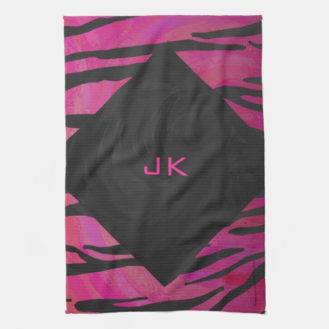 Monogram Tiger Hot Pink and Black Print Pattern Kitchen Towel (Vertical)