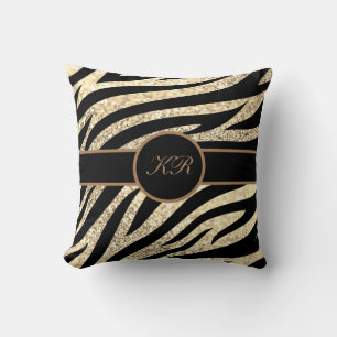 Monogram Tiger Stripe Golden Glitter Sparkle Girly Throw Pillow