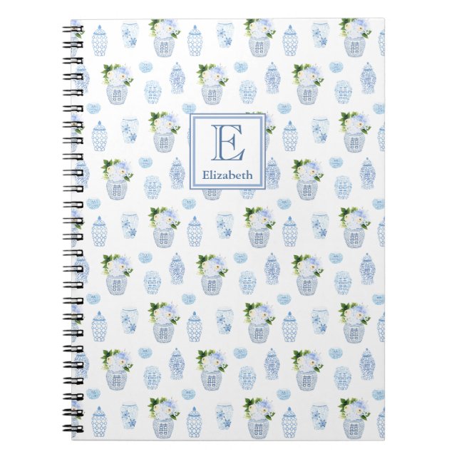 Monogram Timeless Blue & White Ginger Jar Floral Notebook (Front)