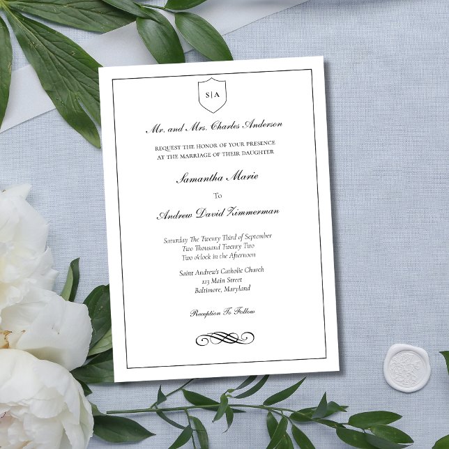 Monogram Traditional Formal Elegant Class Wedding Invitation (Monogram Crest Black White Minimalist Traditional Classic Formal Wedding Invitation)