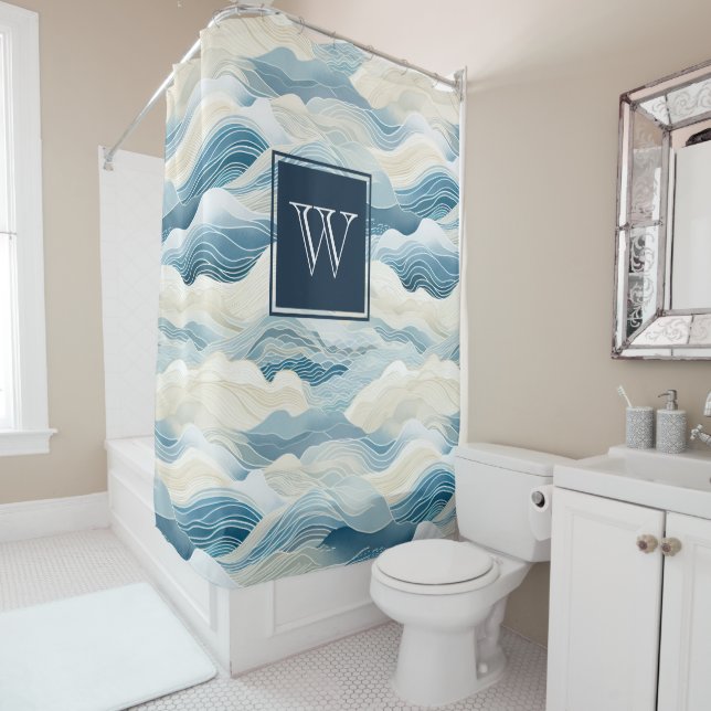 Monogram Tranquil Blue and White Wave Pattern Show (In Situ)
