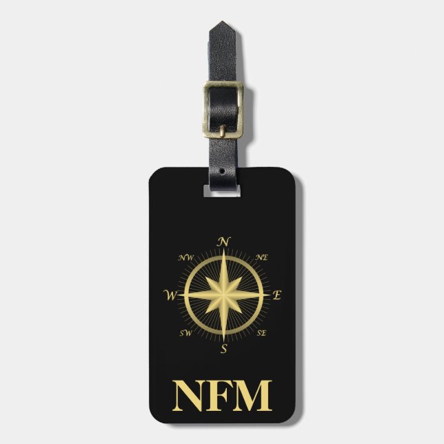 Monogram Travel Faux Gold Compass Luggage Tag (Front Vertical)
