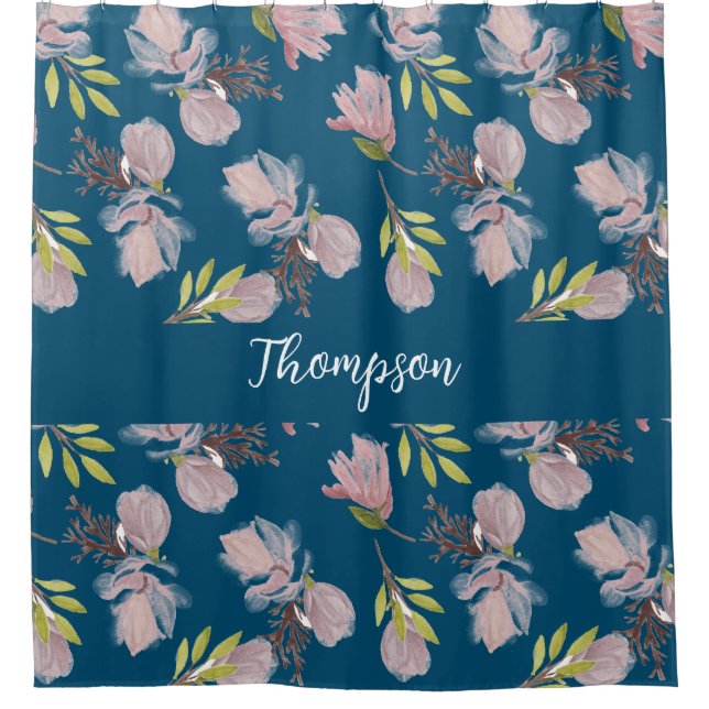 Monogram trendy navy blue floral pattern stylish (Front)
