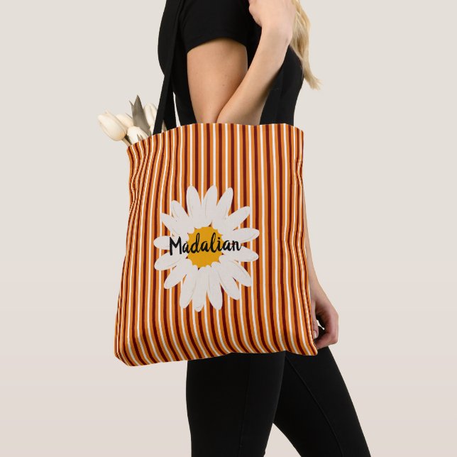 Monogram trendy retro scandinavian striped pattern tote bag (Close Up)