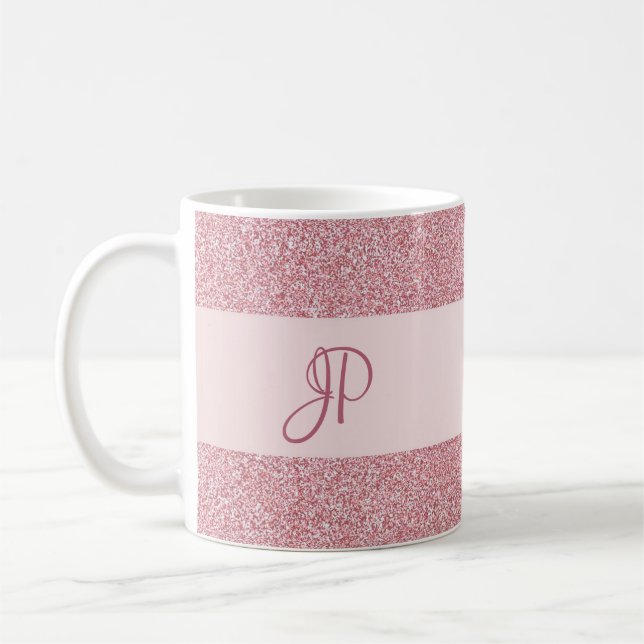 Monogram Trendy Rose Gold Glitter Look Template Coffee Mug (Left)